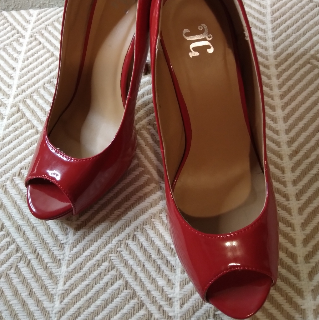 Women’s Red High Heel Shoe-Open Toe Stiletto Heel. Size 8.5